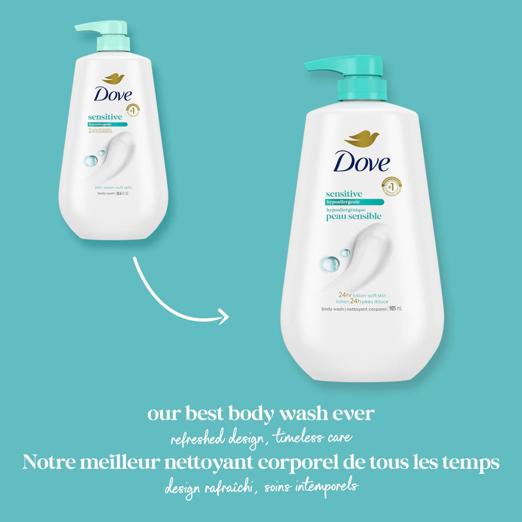 Dove Body Wash with Pump Sensitive Skin For 24hr Lotion-Soft Skin Moisturizing Skin Cleanser Gentle Hypoallergenic Formula with No Sulfates No Parabens 30.6 oz