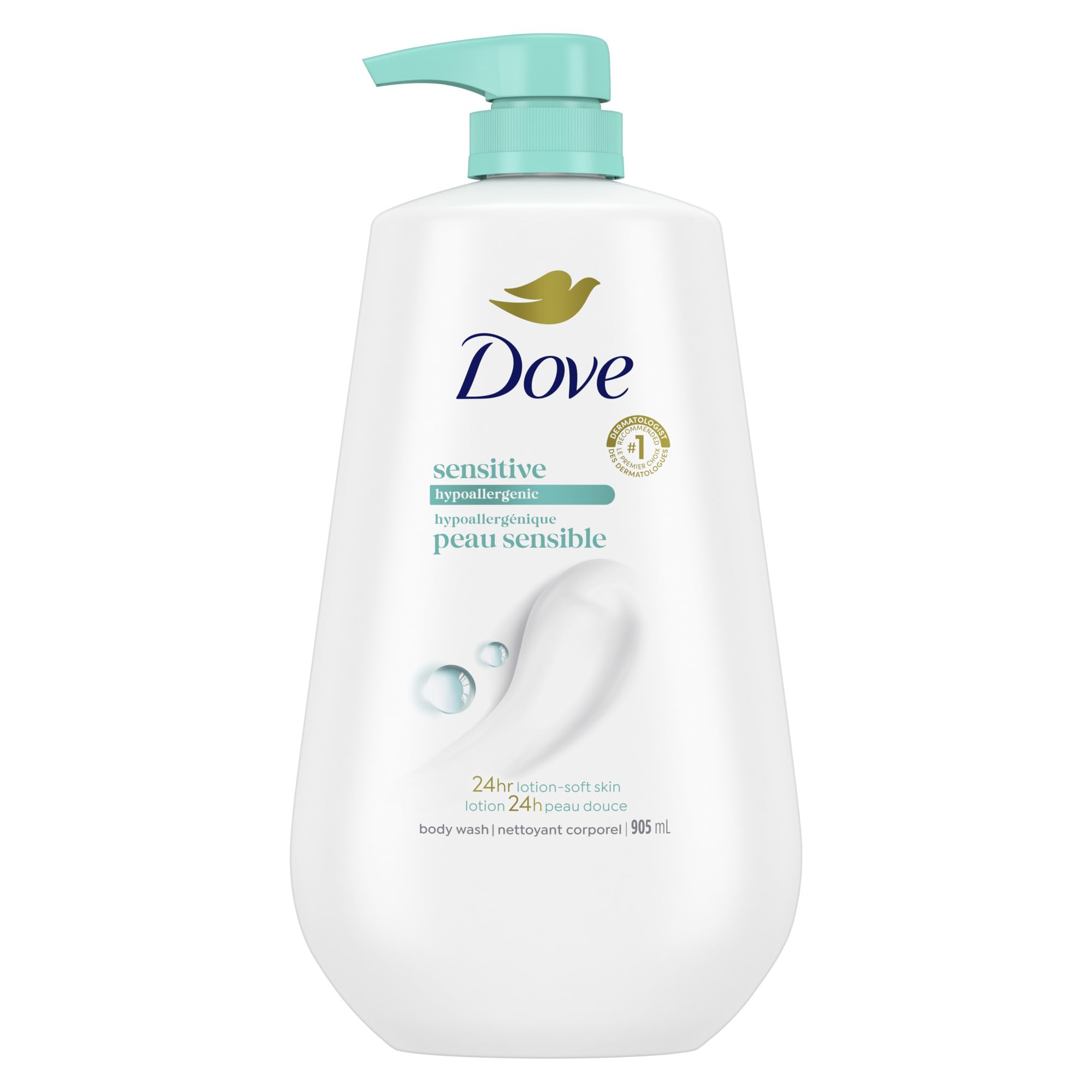 Dove Body Wash with Pump Sensitive Skin For 24hr Lotion-Soft Skin Moisturizing Skin Cleanser Gentle Hypoallergenic Formula with No Sulfates No Parabens 30.6 oz