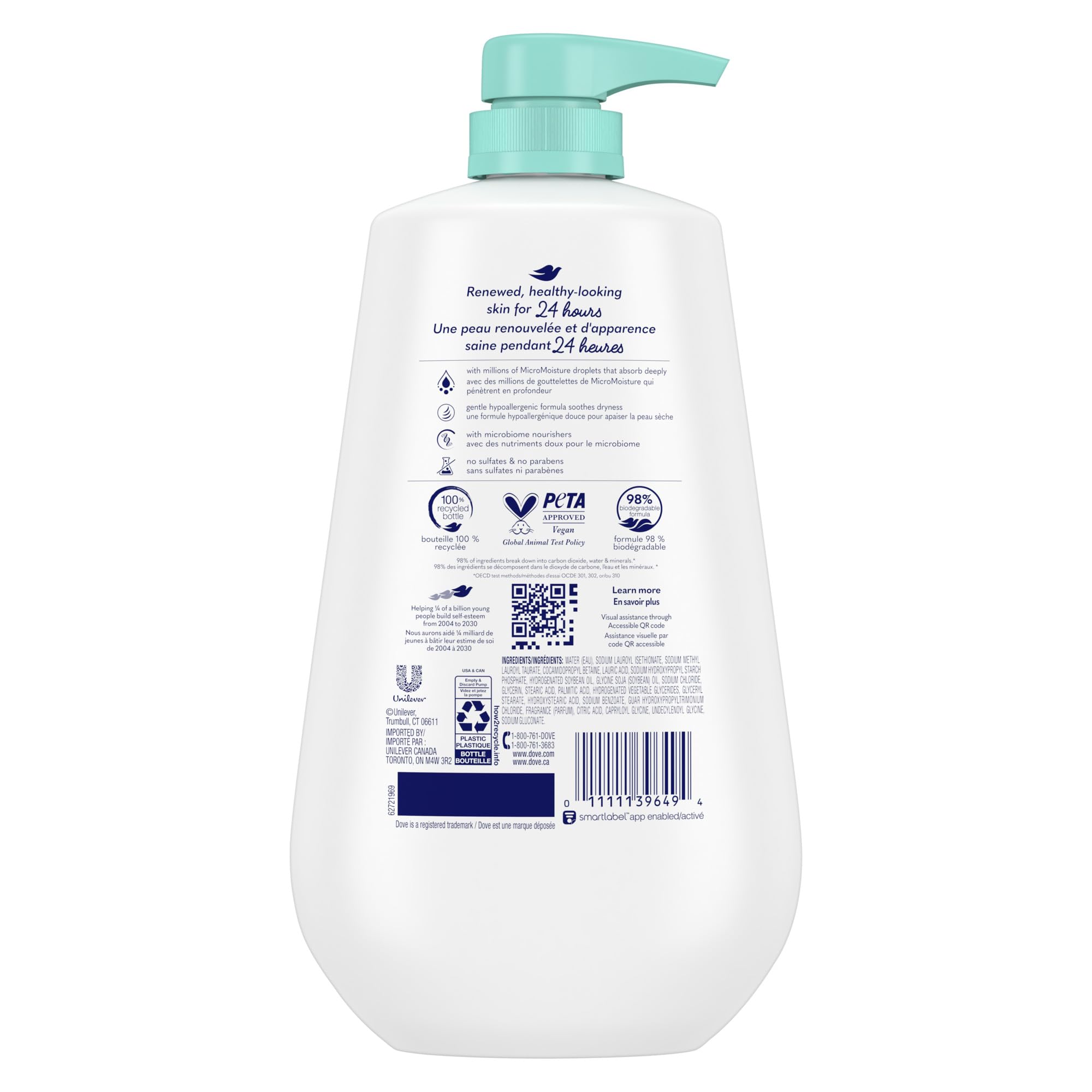 Dove Body Wash with Pump Sensitive Skin For 24hr Lotion-Soft Skin Moisturizing Skin Cleanser Gentle Hypoallergenic Formula with No Sulfates No Parabens 30.6 oz