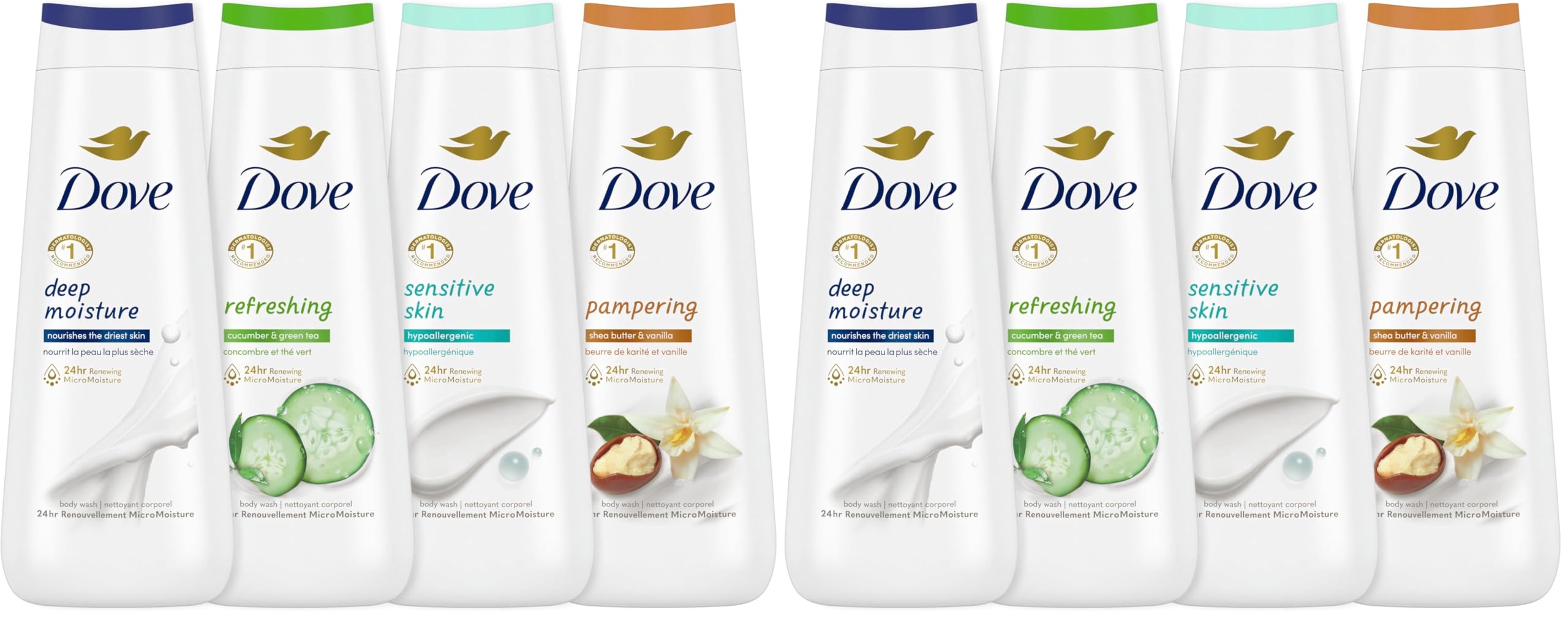 Dove Body Wash Deep Moisture, Sensitive Skin, Cucumber and Green Tea, and Shea Butter & Vanilla Collection 4 Count Skin Cleanser with 24hr Renewing MicroMoisture 20 oz