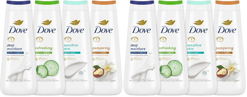 Dove Body Wash Deep Moisture, Sensitive Skin, Cucumber and Green Tea, and Shea Butter & Vanilla Collection 4 Count Skin Cleanser with 24hr Renewing MicroMoisture 20 oz