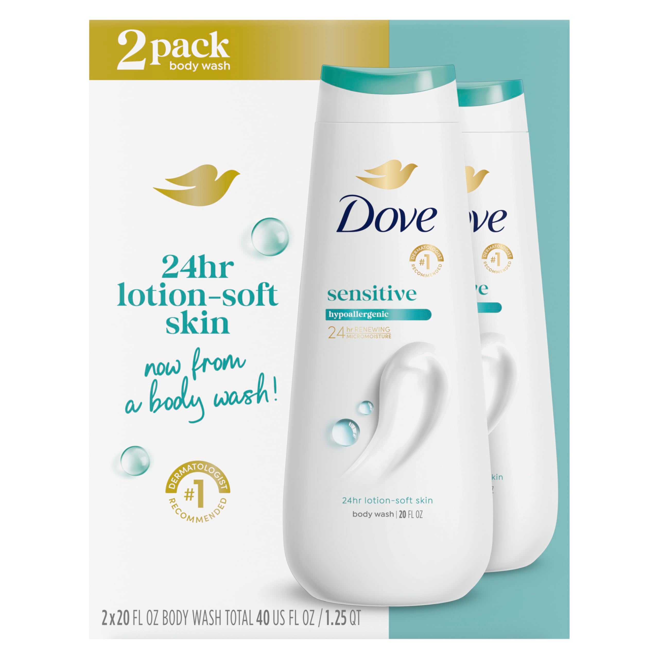 Dove Body Wash with Pump Sensitive Skin For 24hr Lotion-Soft Skin Moisturizing Skin Cleanser Gentle Hypoallergenic Formula with No Sulfates No Parabens 30.6 oz