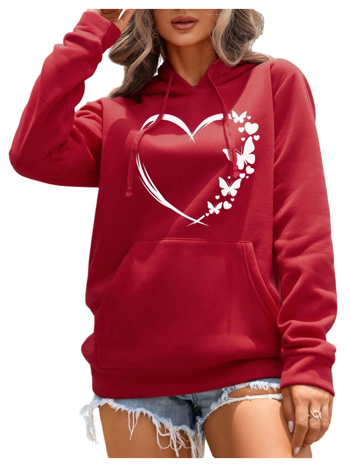 SOLY HUX Women's Graphic Hoodies Heart Print Drawstring Long Sleeve Pocket Sweatshirt Pullover Tops