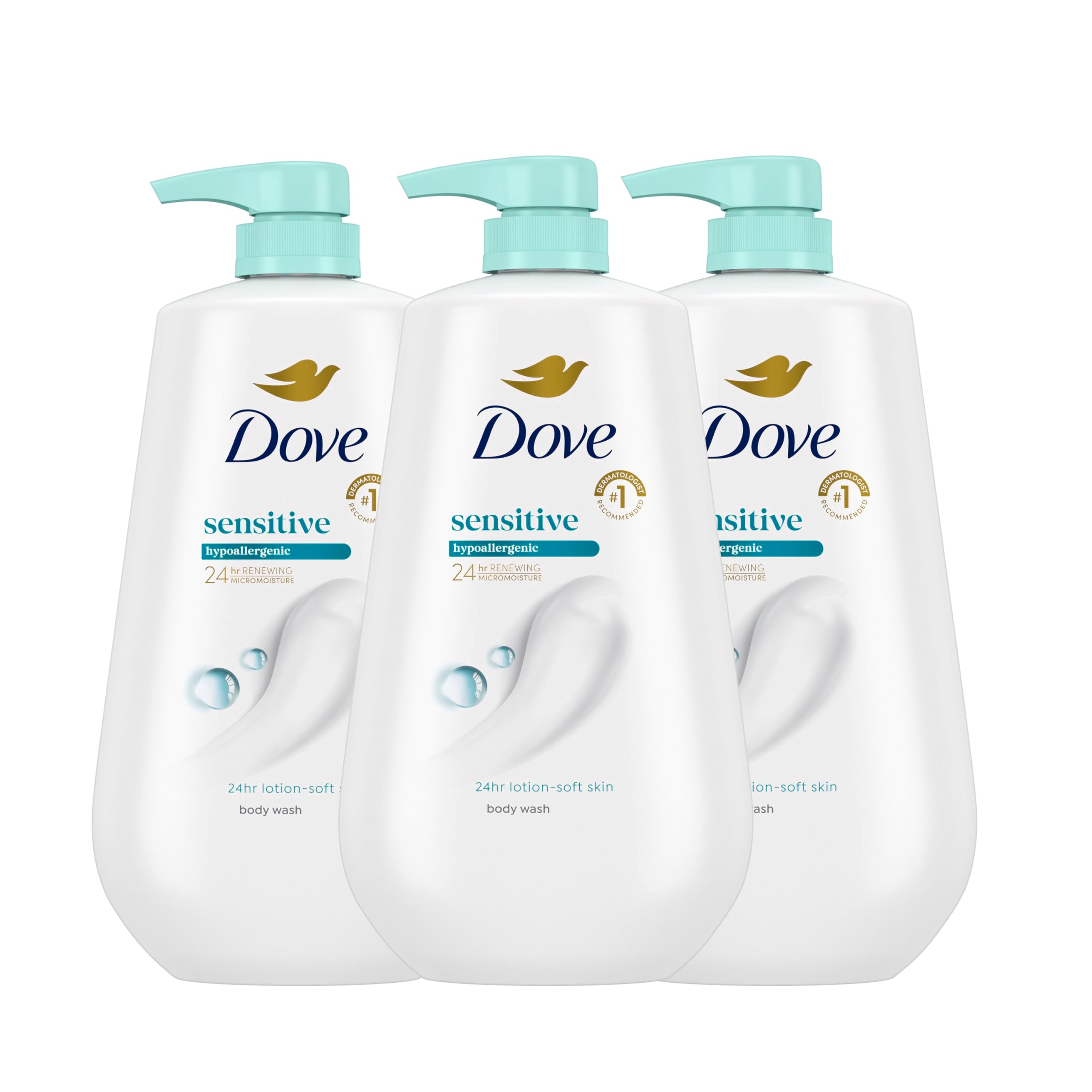 Dove Body Wash with Pump Sensitive Skin For 24hr Lotion-Soft Skin Moisturizing Skin Cleanser Gentle Hypoallergenic Formula with No Sulfates No Parabens 30.6 oz