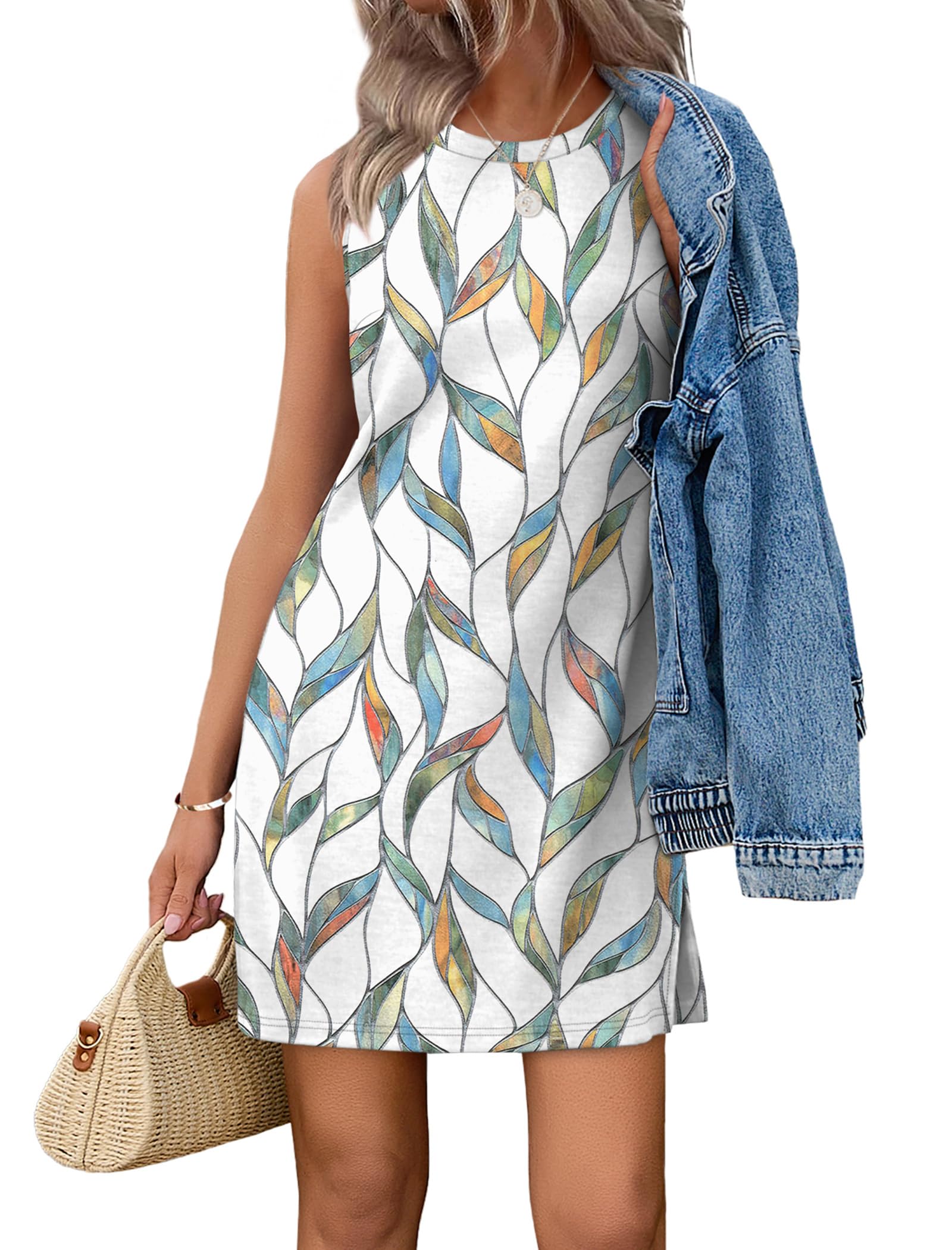 WIHOLL Casual Dresses for Women Crewneck Sleeveless Tank Dress Summer Spring Boho Vacation Clothes