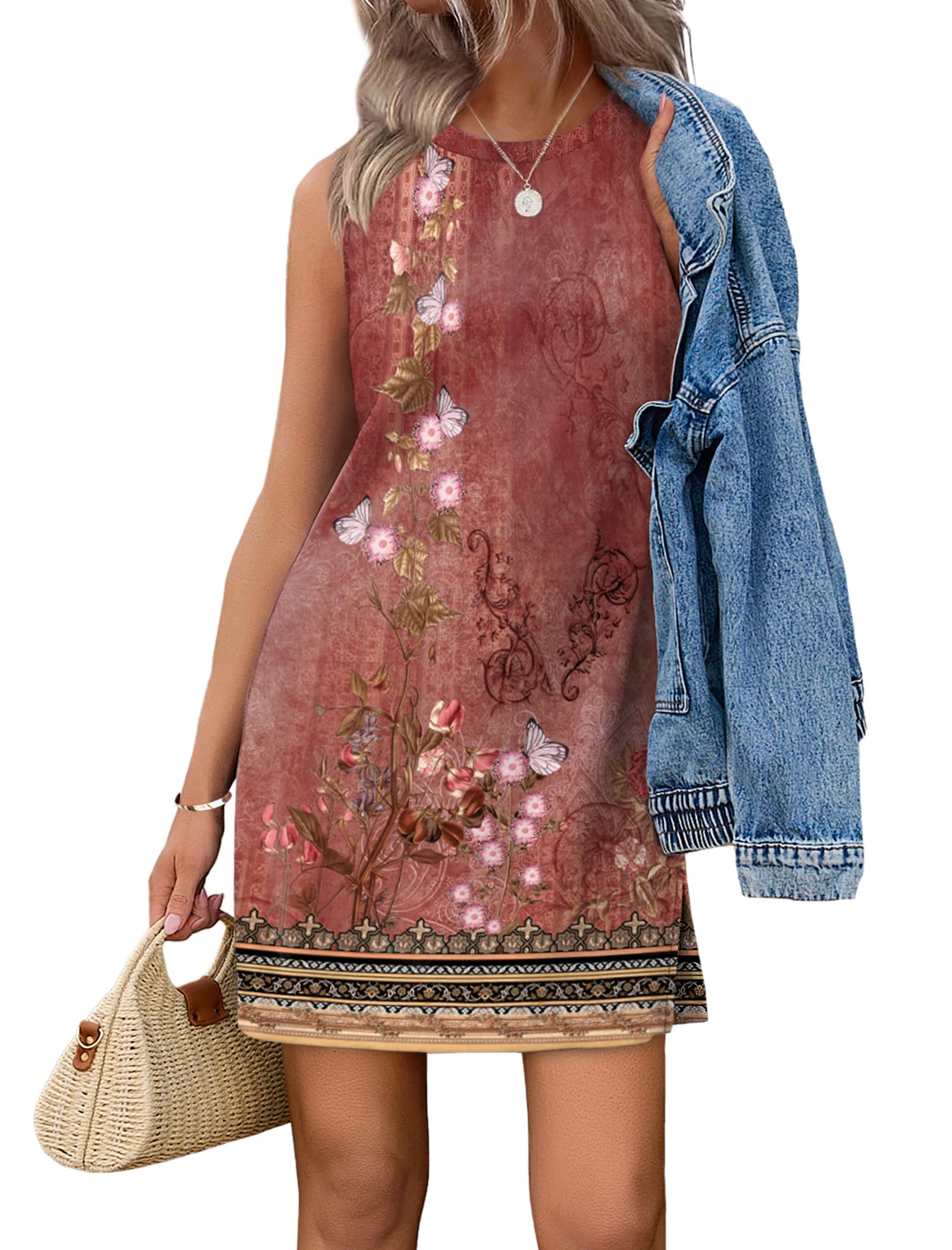 WIHOLL Casual Dresses for Women Crewneck Sleeveless Tank Dress Summer Spring Boho Vacation Clothes